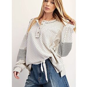 Easel NWT Polkadots & Stripes Oversized Henley Drop Wide Sleeve Cotton Jersey S